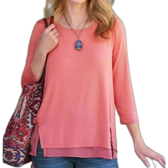 Soft Surroundings Marique Rayon Hi-Low Tunic Asymmetric Hem Stretch Coral Sz 3X - Picture 1 of 8
